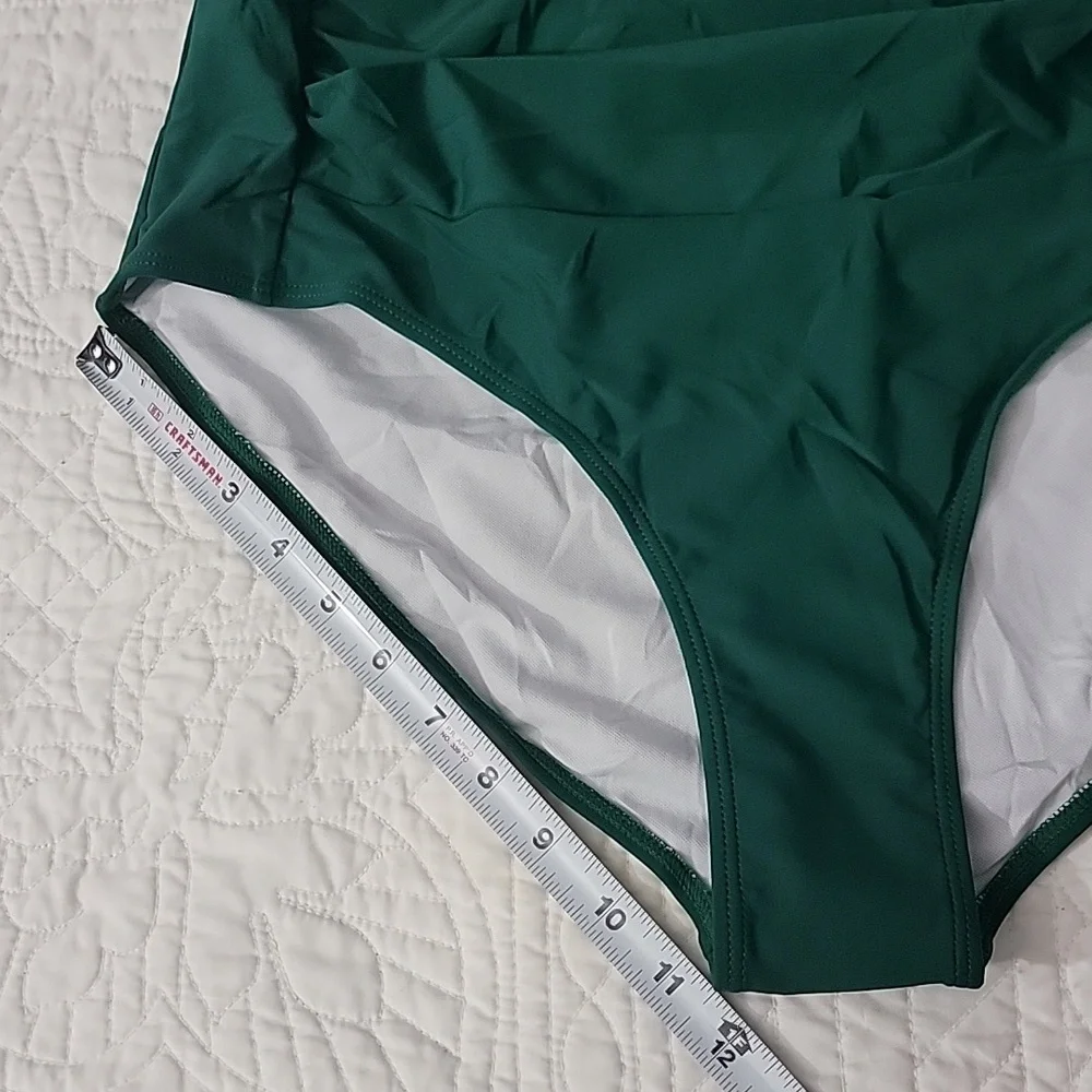 Emerald Green Rouche Tummy Control Retro Push-up One-Piece Swimsuit Plus XXL - Picture 2 of 13